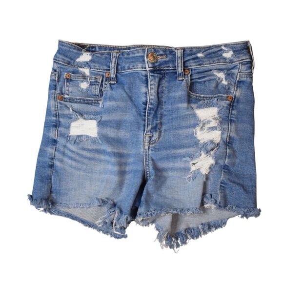 American Eagle Hi Rise Shortie Medium Distressed Blue High Rise Stretch Womens 6 - Picture 1 of 7